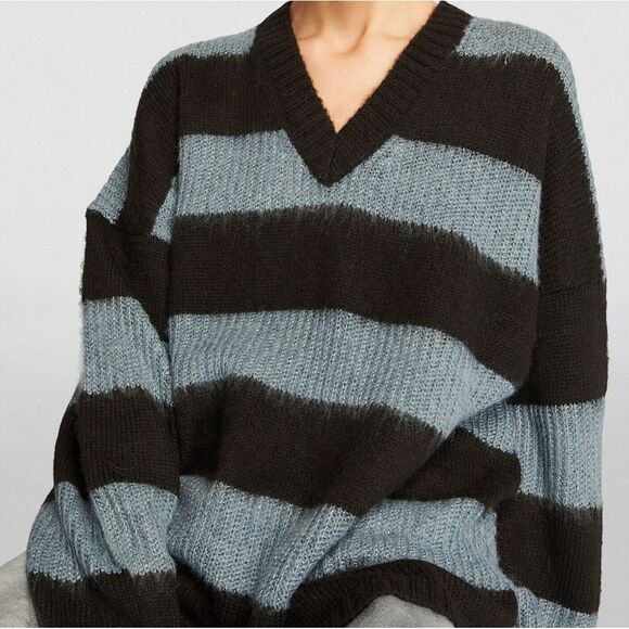 All Saints Sweaters - Allsaints Lou Stripe V-Neck Sweater SMALL Black Blue Metallic Oversized Fuzzy